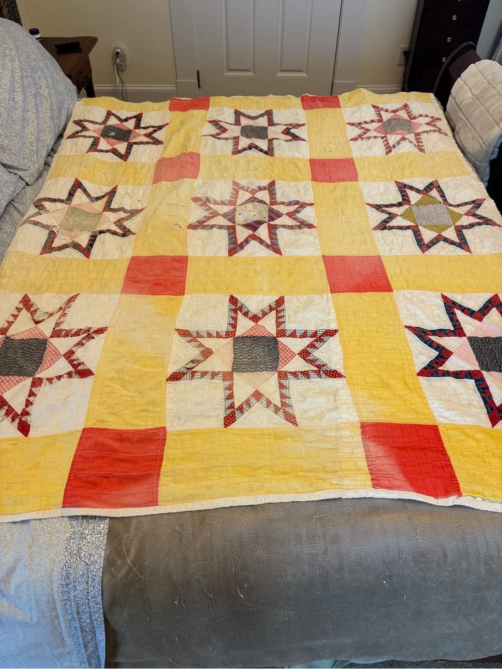 Handmade Star Patchwork Quilt/ coverlet Vintage- some tears and fading.